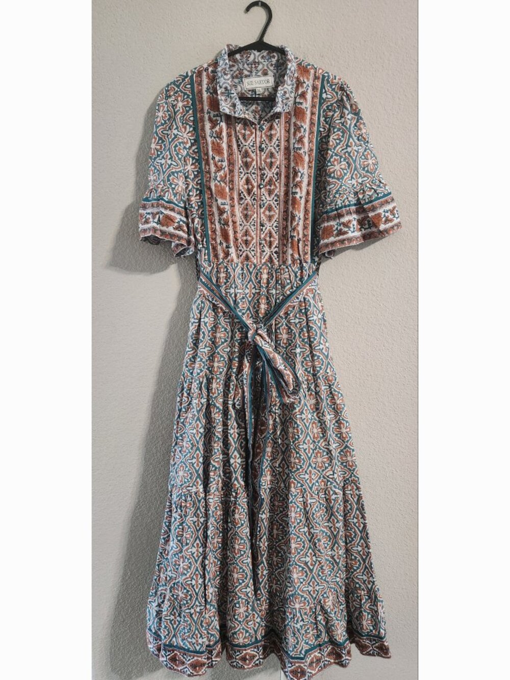 Sue Sartor Anthropologie Hamilton Kaftan Maxi Dress Tiered Flouncy Belt Size XS - Picture 2 of 10